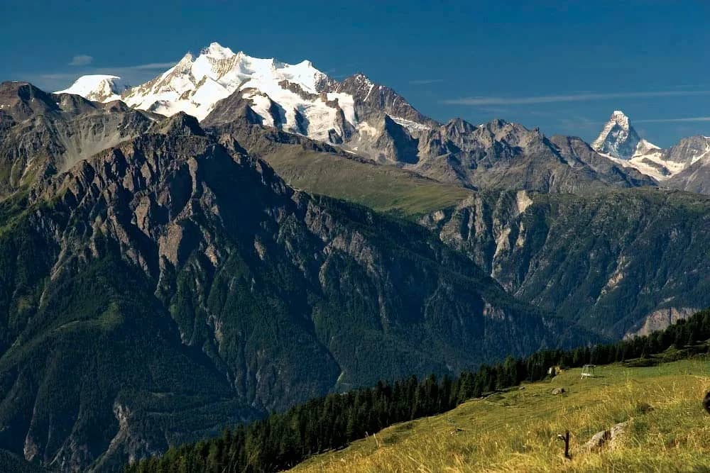 Snow-capped mountain peaks with forested slopes under a blue sky