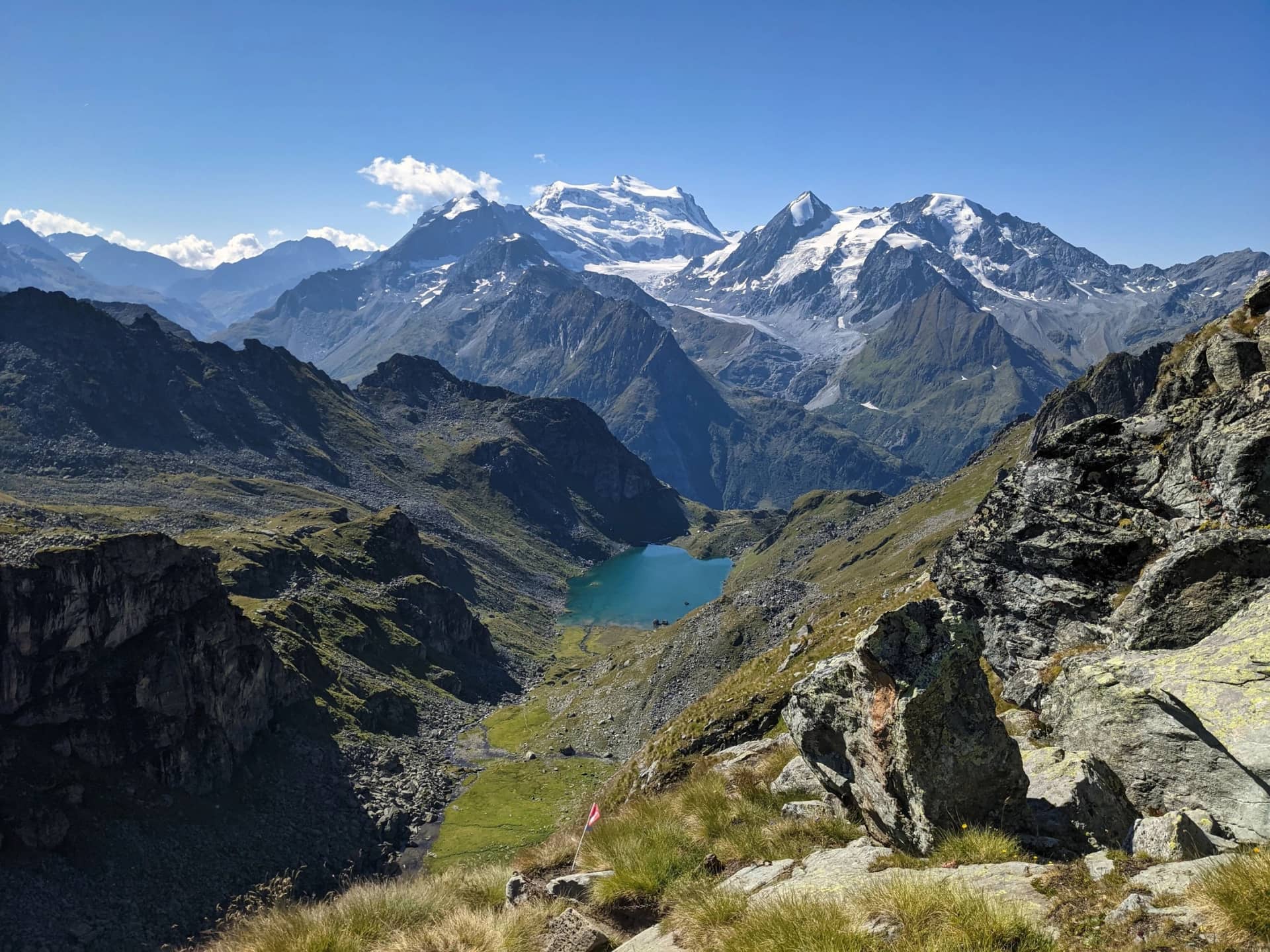 Lac de Louvie, mountain lake in valais and in the big mountains with glaciers. idyllic landscape with flowers. Alps
