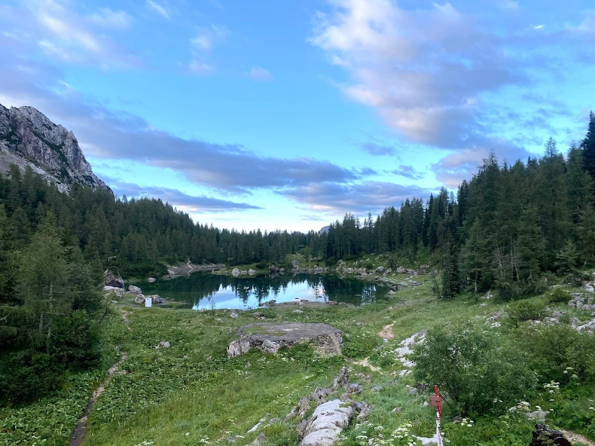 Alpine lake reflecting surrounding pine forest and rocky mountain under a blue cloudy sky