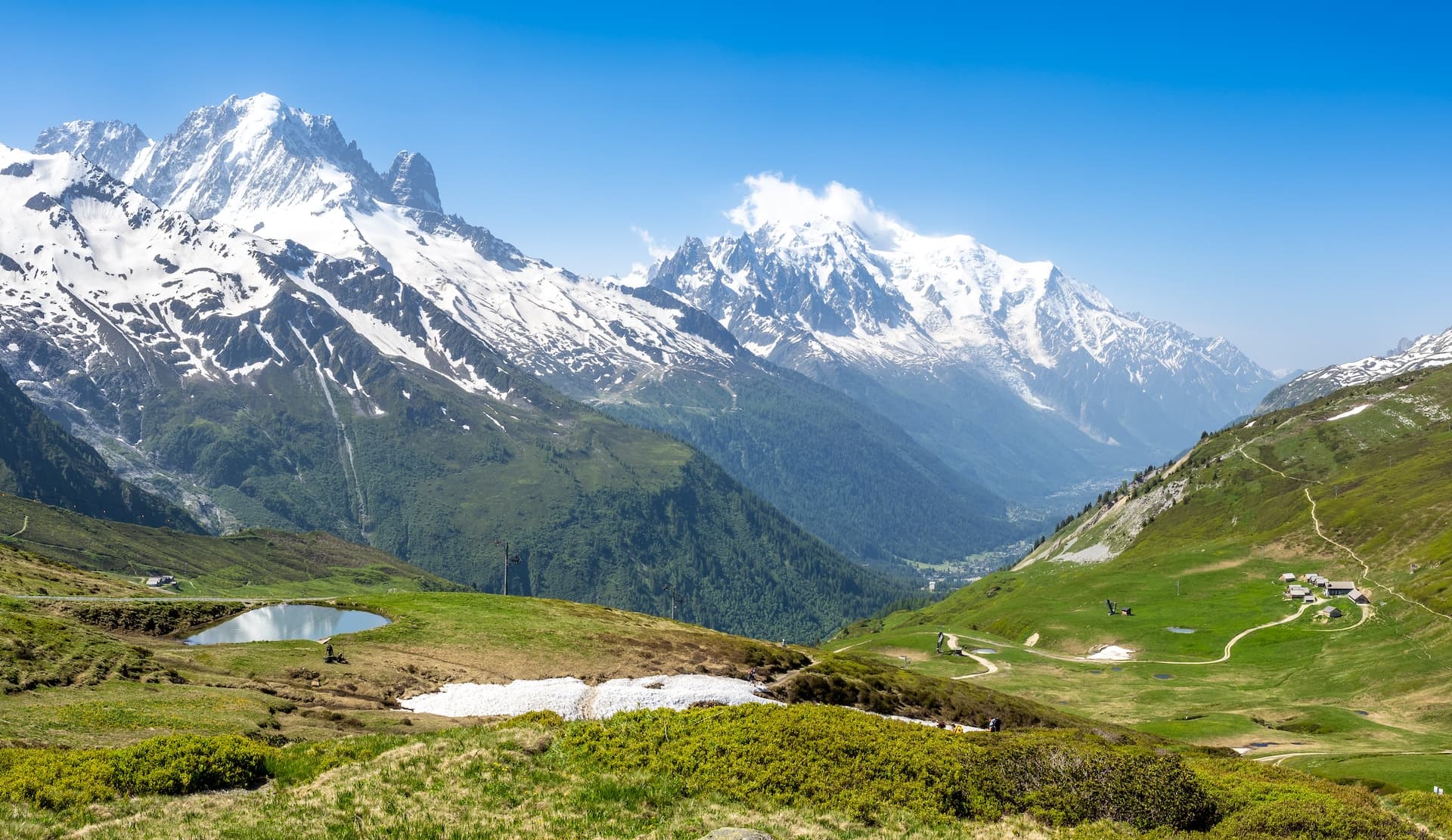 Alpine meadow with snow patches, small pond, and massive snow-capped mountains at Col de Balme.