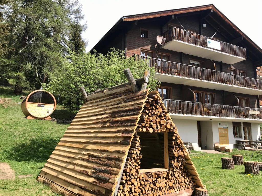 Wooden log storage structure, barrel sauna, and chalet in a grassy alpine setting