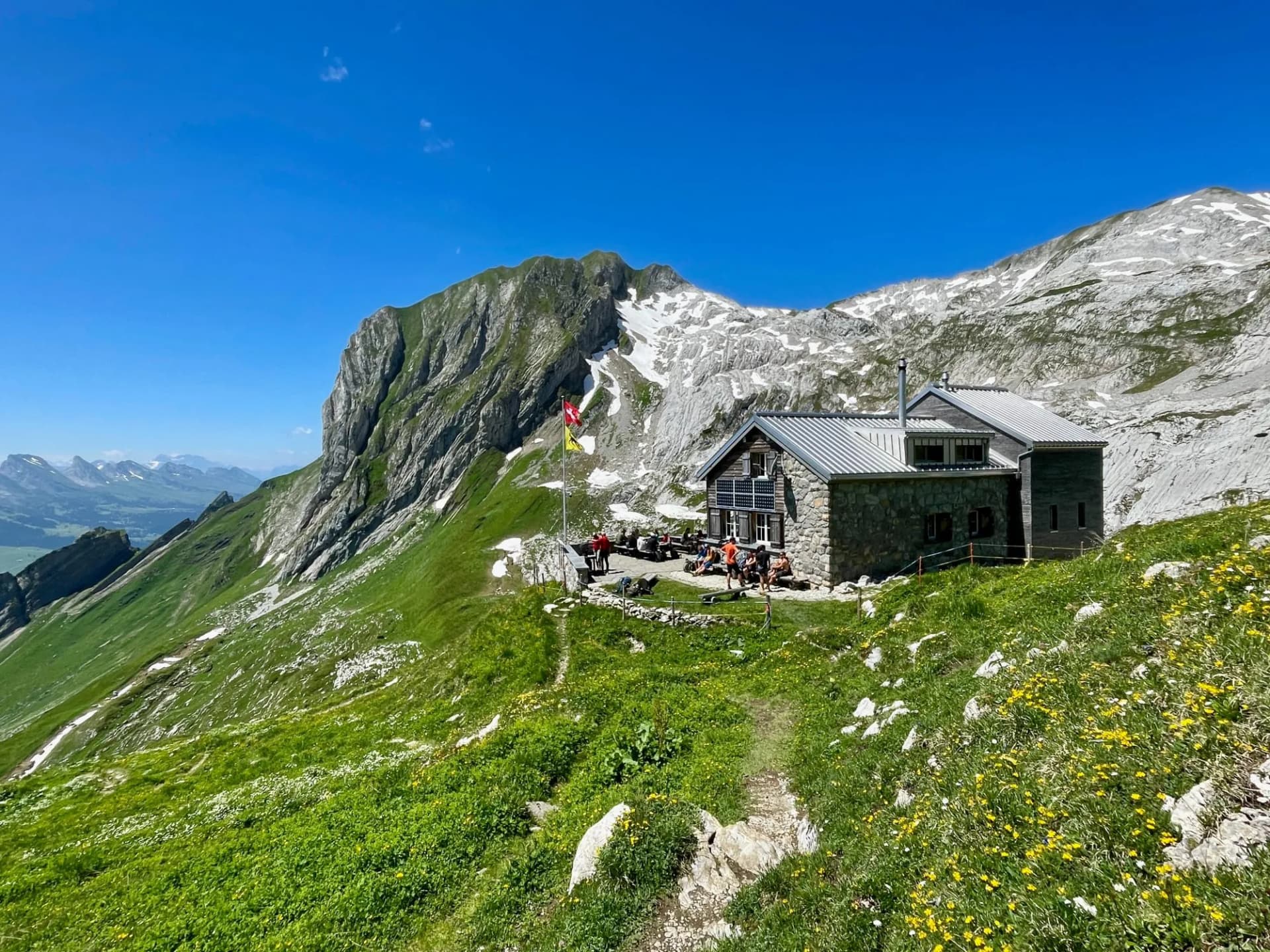 Panoramic view of mountain hut, SAC Huette Zwinglipass, Appenzell, Switzerland.