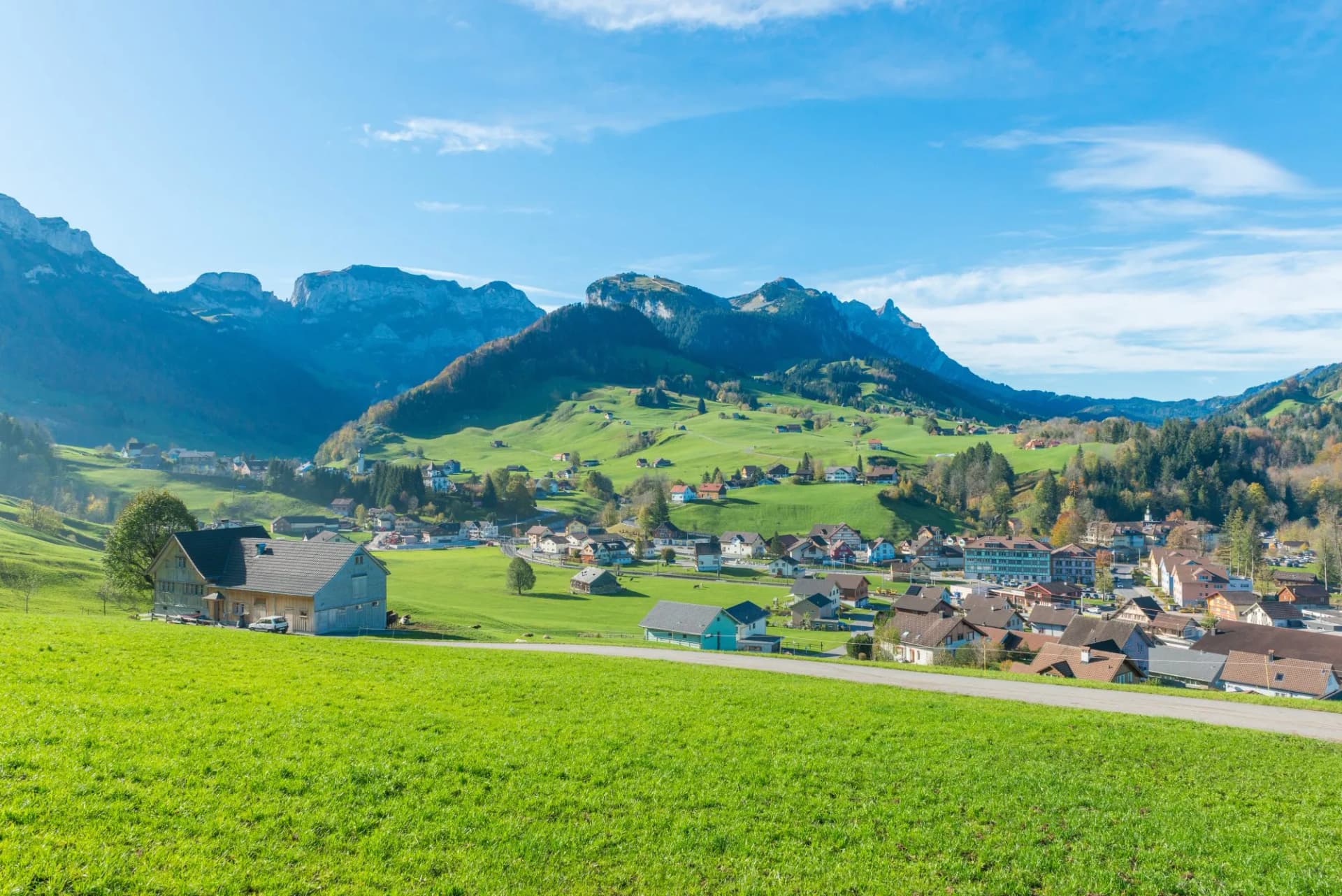 Village of Weissbad, Canton Appenzell - Innerrhoden, with Säntis Mountain, Switzerland