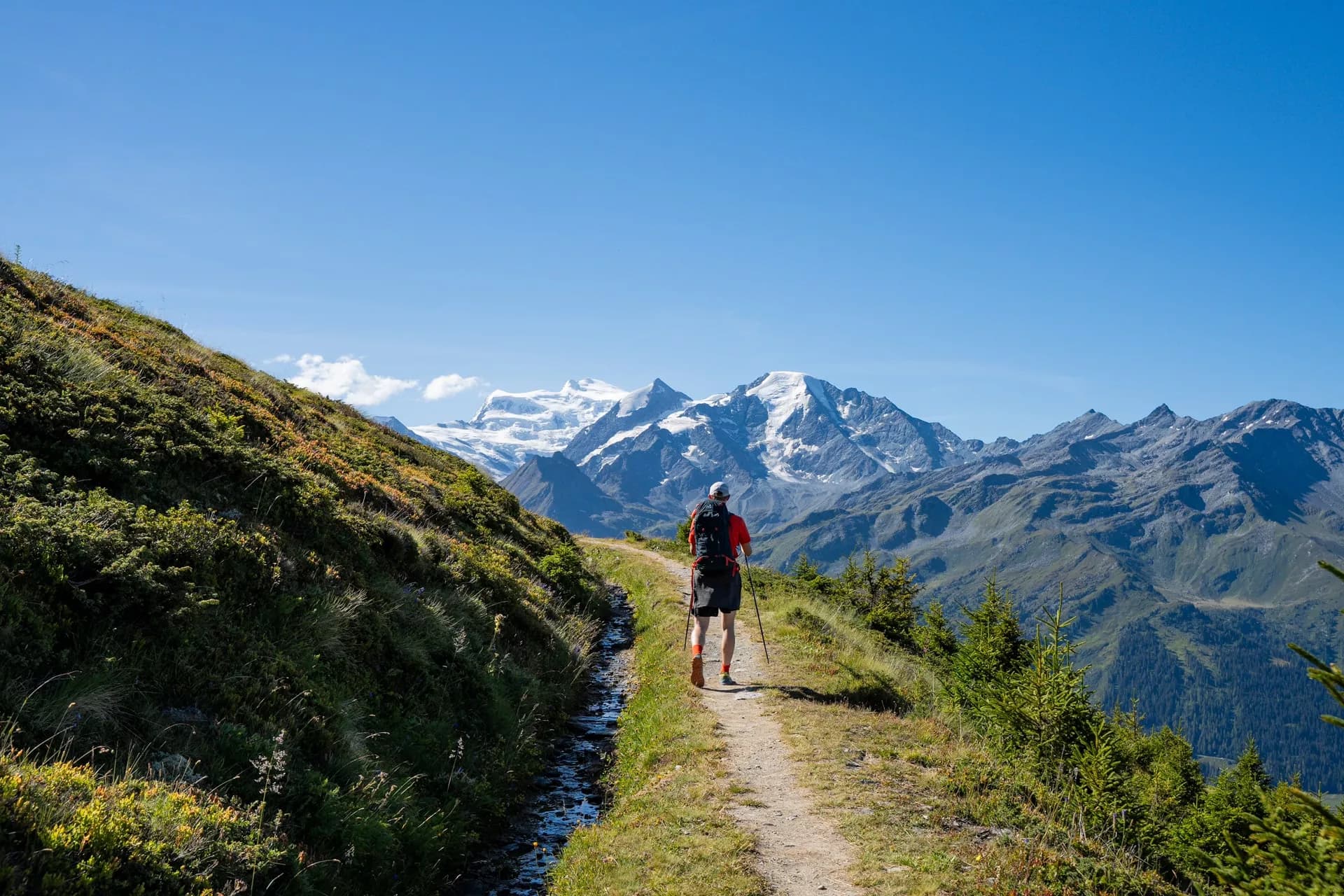 Hiker with poles walking on mountain trail toward snow-capped peaks under clear blue sky.