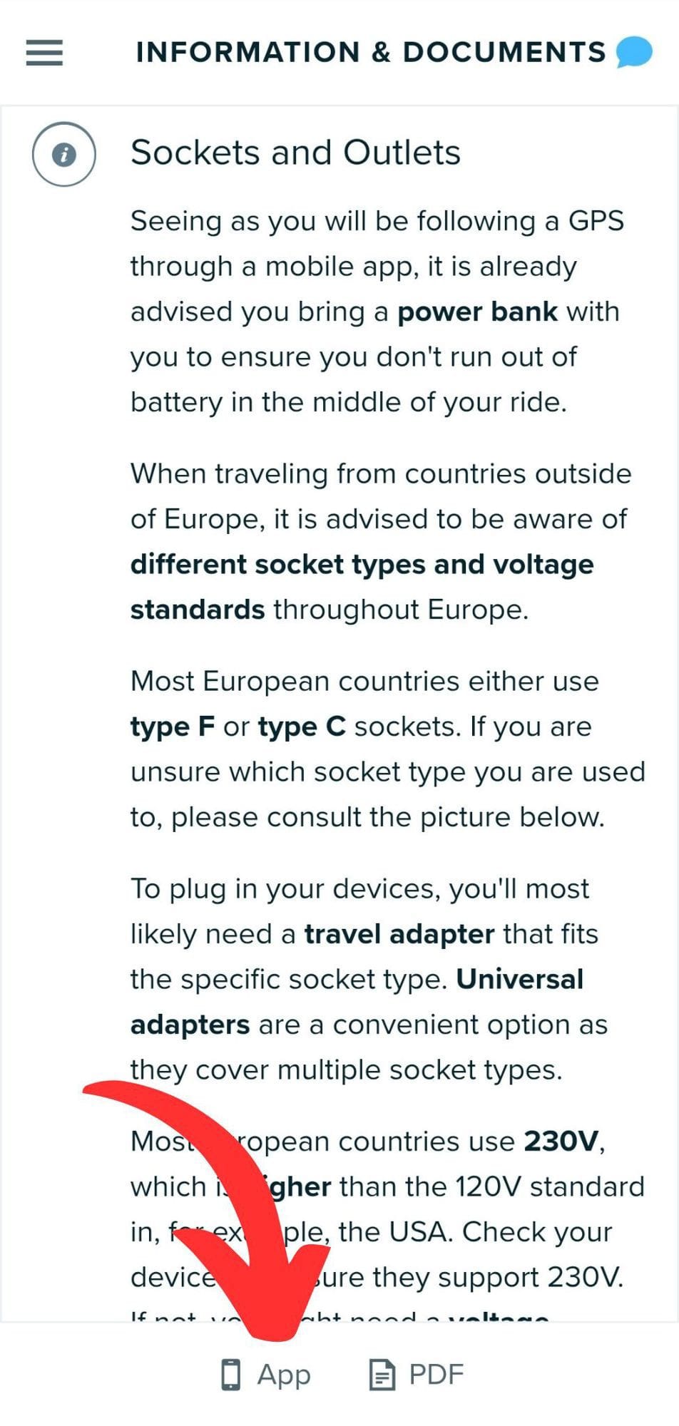 Travel guide app screen with information about European sockets, outlets, and voltage standards