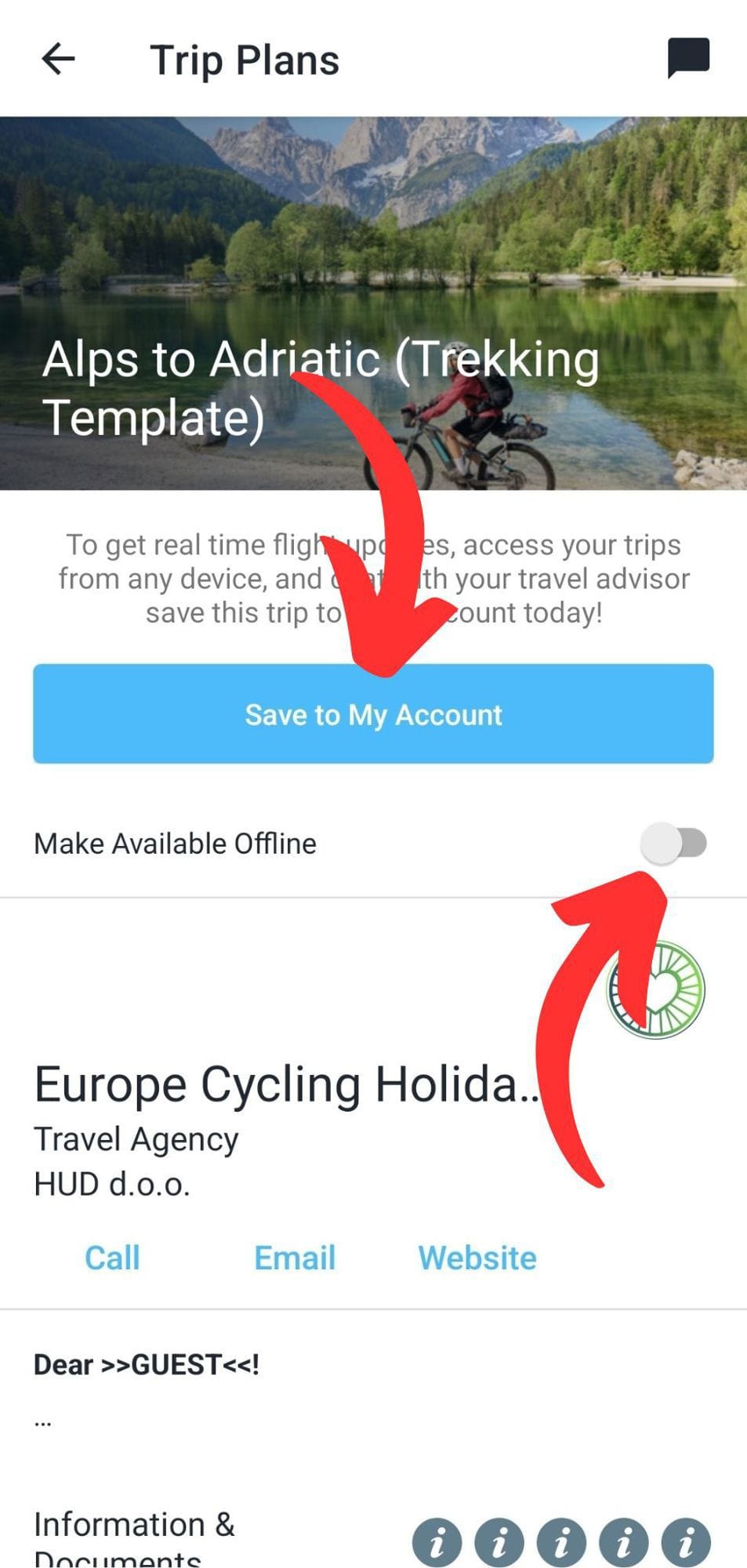 Mobile app interface showing trip plans with a save button and a cyclist on a mountain lake background.