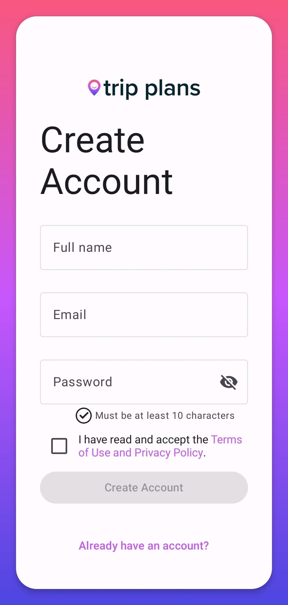 Trip plans mobile app create account registration screen