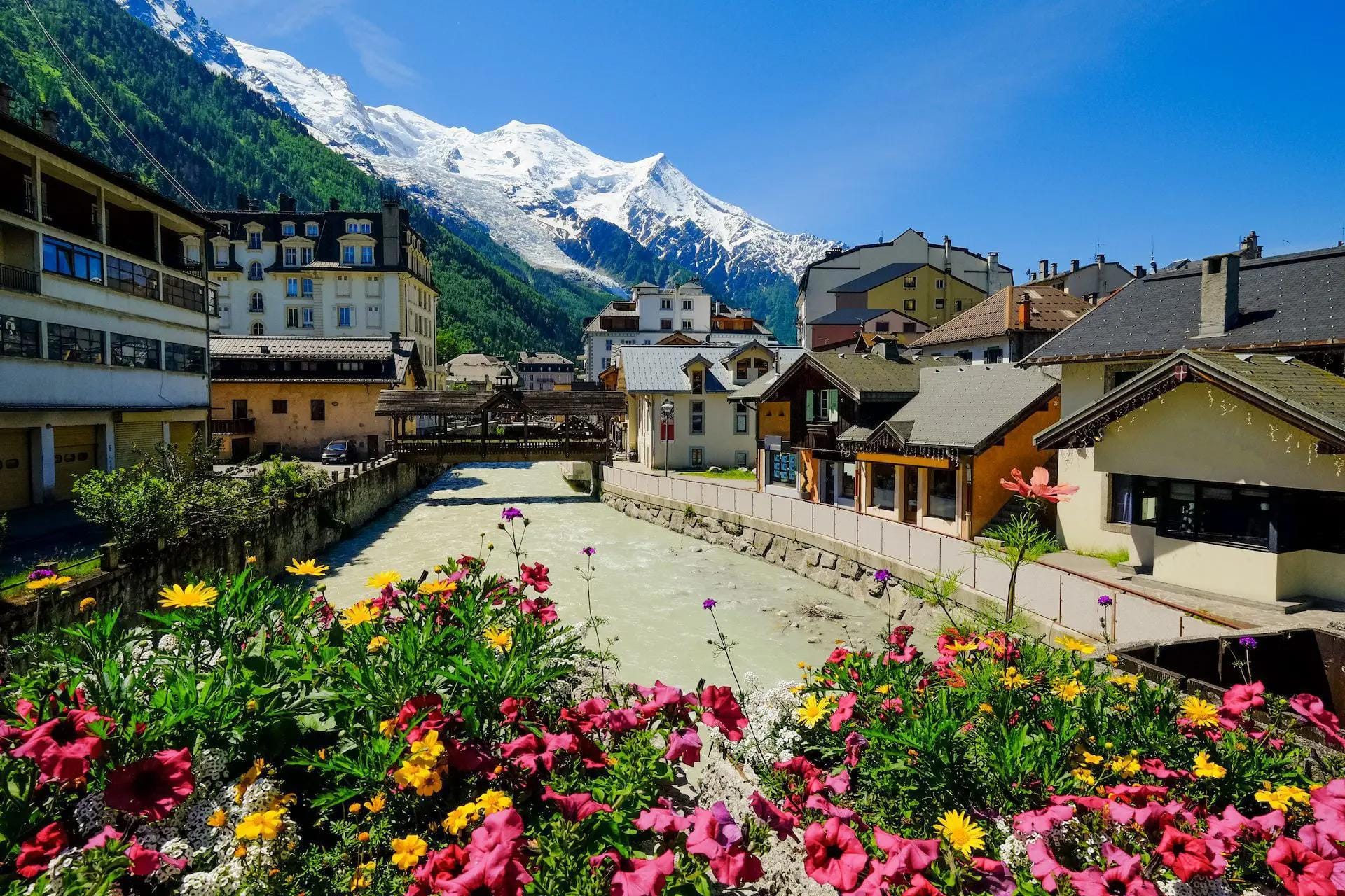 Chamonix alpine village with river and snow-capped mountains