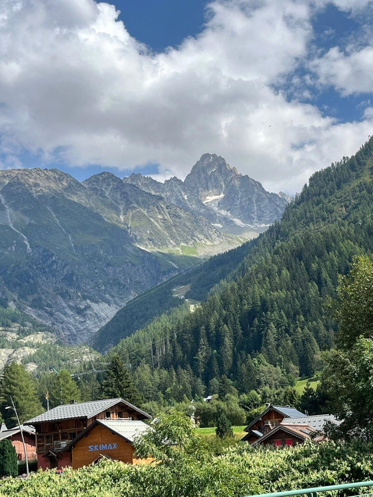 Alpine valley with pine forest and mountain peaks under cloudy sky