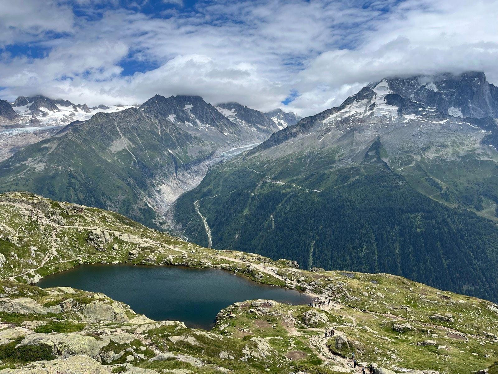 Lac Blanc alpine lake and mountain peaks with snow and glacier in the Alps