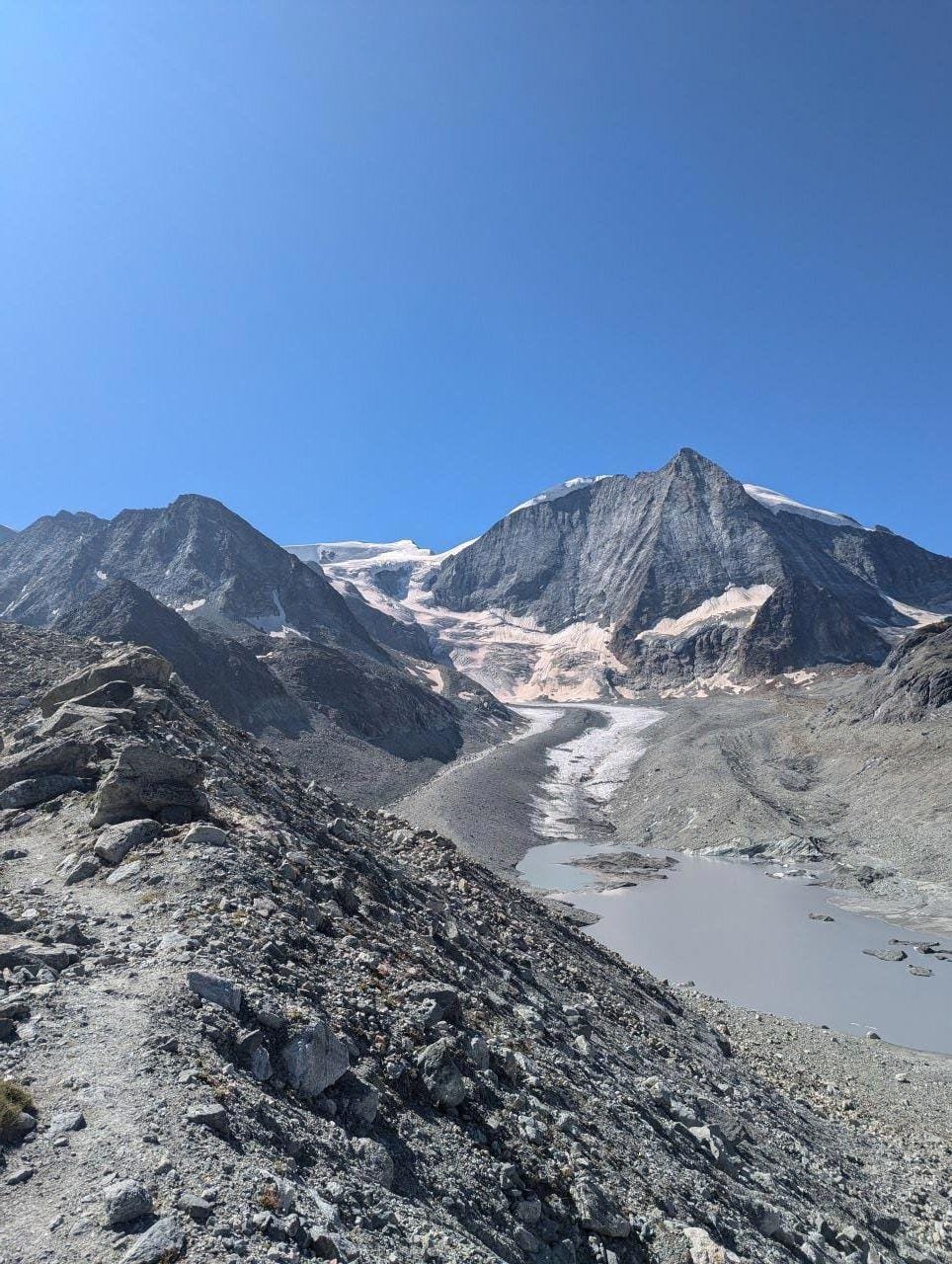 Alpine mountain peaks with glacier and rocky terrain under clear blue sky