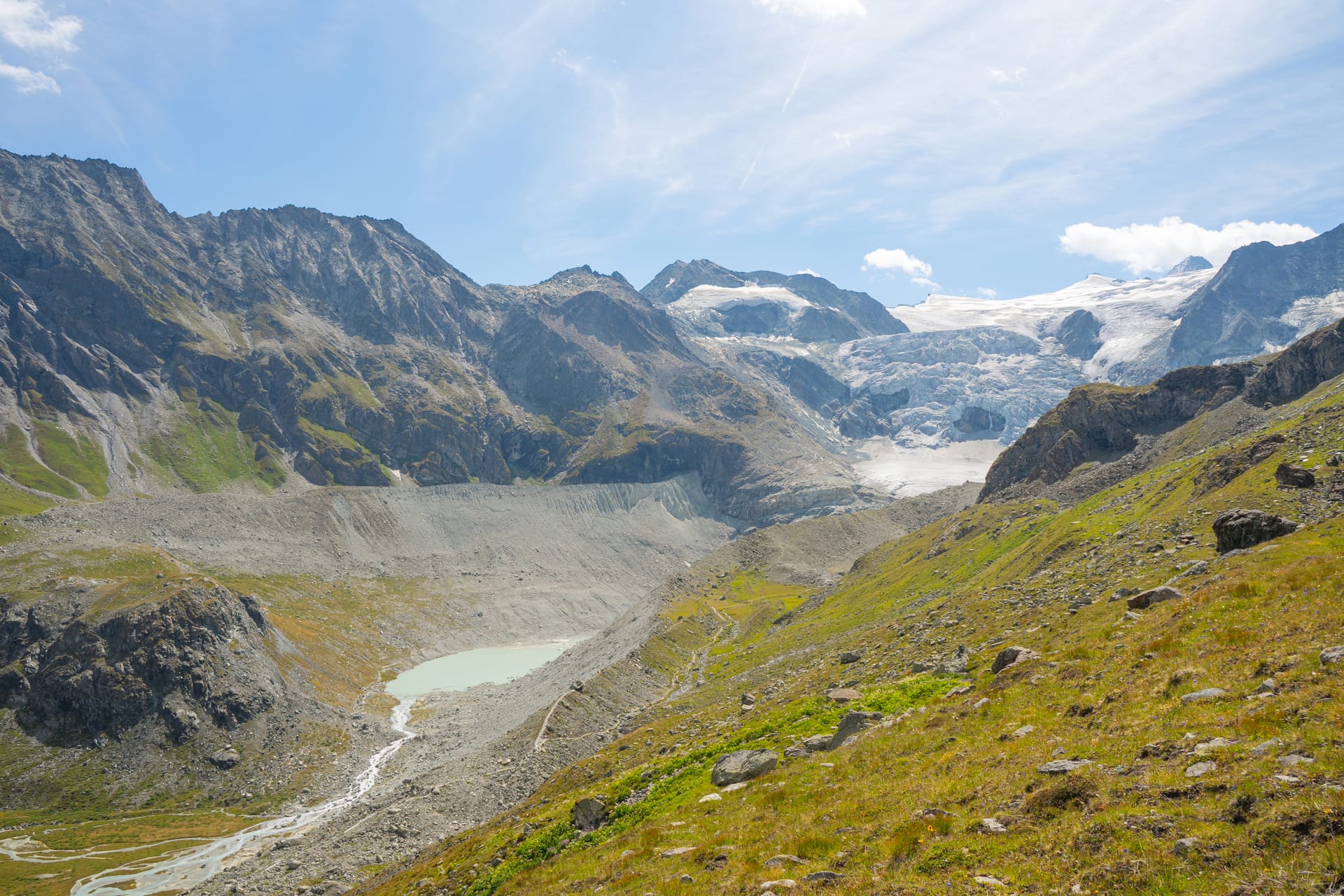 Alpine mountain valley with glacier, rocky terrain, and small lake