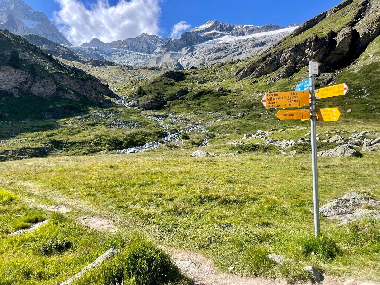 Hiking trail signposts in alpine mountain valley with rocky peaks and glaciers