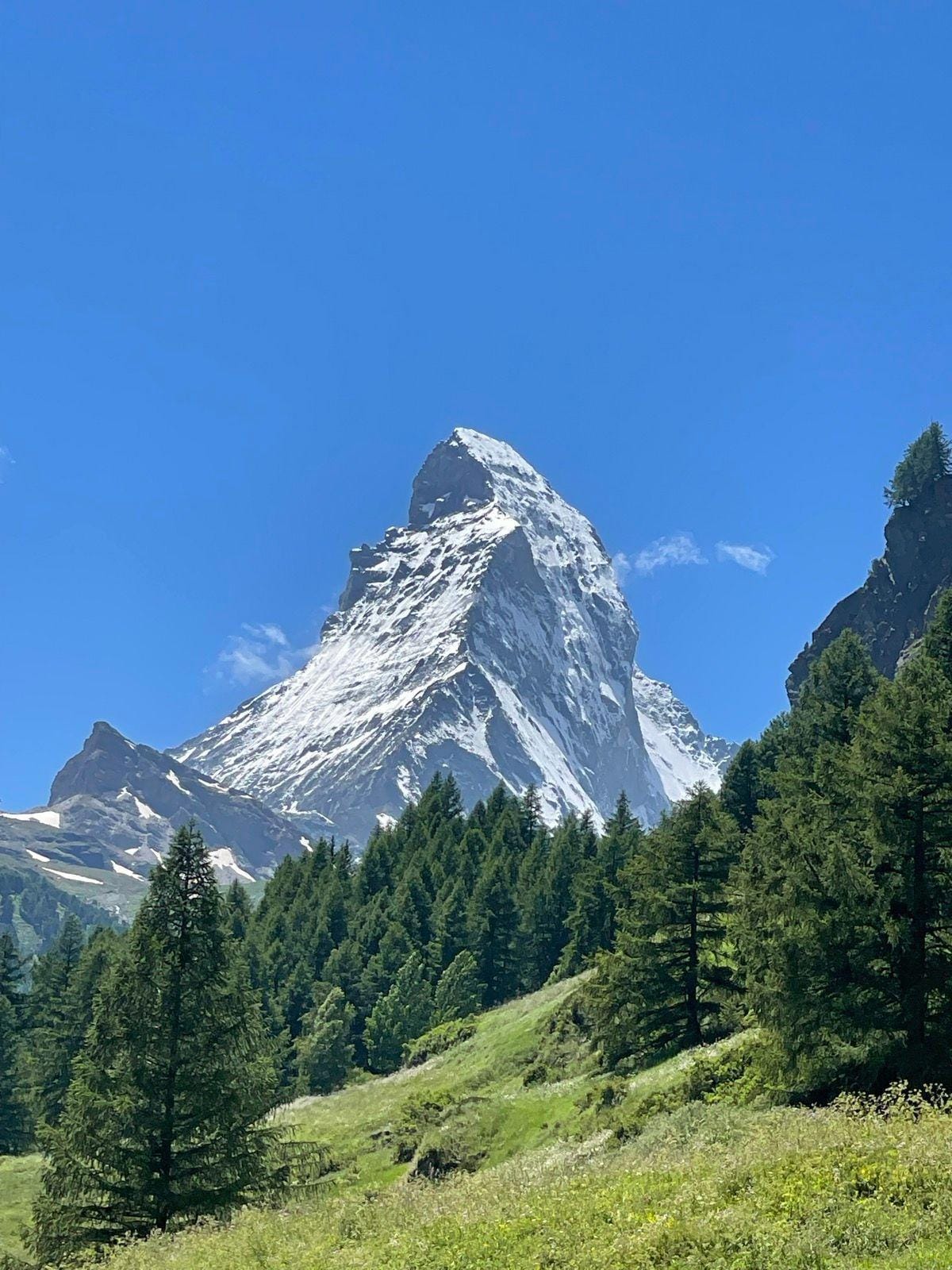 Matterhorn mountain peak with snow under blue sky above green forest