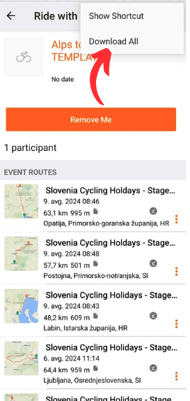 GPS navigation app interface showing cycling routes and event stages in Slovenia with a red arrow pointing to a menu option
