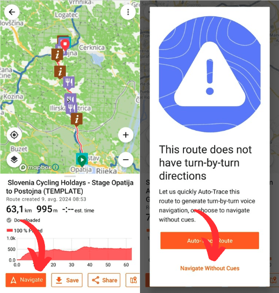 GPS navigation app screens showing a cycling route map and a warning about turn-by-turn directions