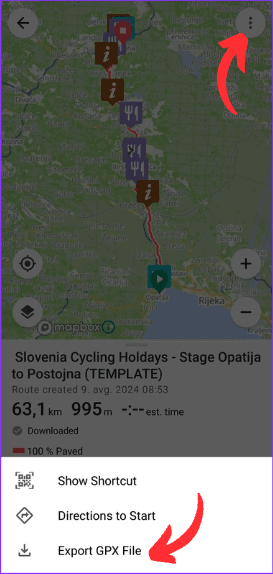 GPS navigation app interface showing route planning with export GPX file option
