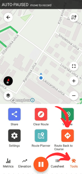GPS navigation app interface with map, route planner, and tools menu