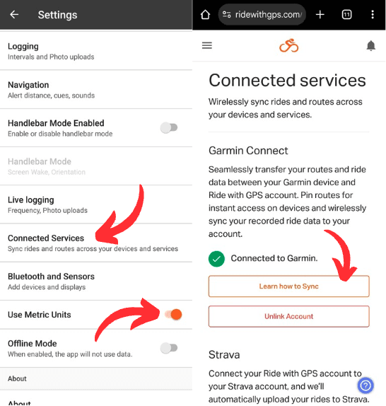 Ride with GPS app settings and connected services screen showing Garmin integration