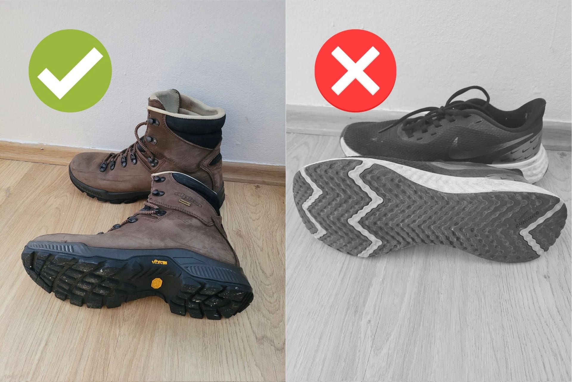 Hiking boots compared to running shoes for mountain terrain