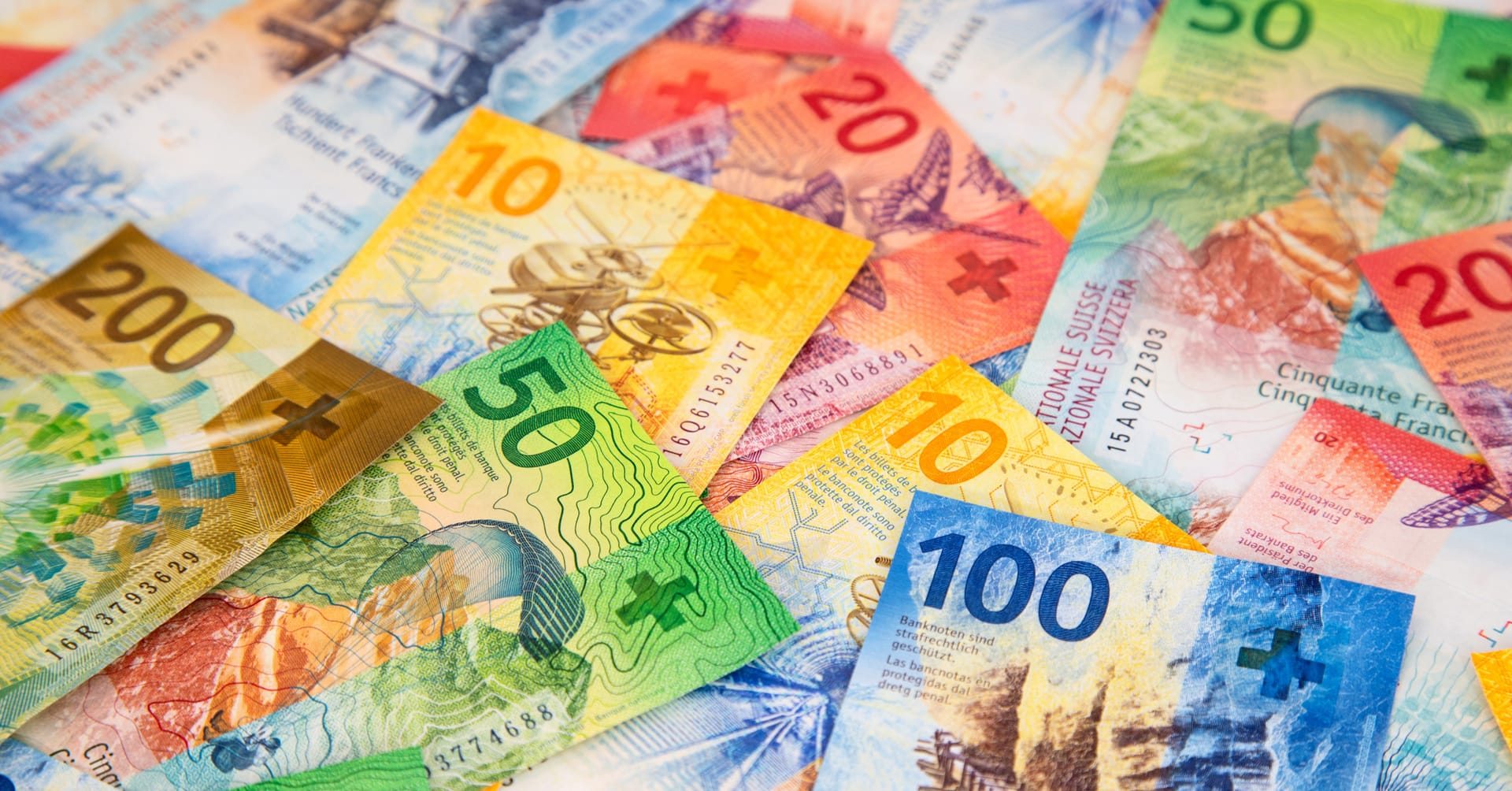 Colorful Swiss franc banknotes overlapping in a pile