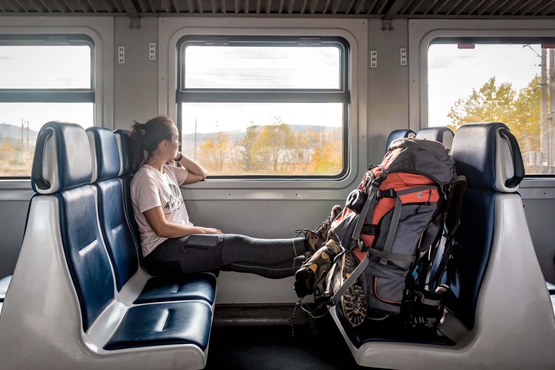 tourist with a backpack sitting in the train