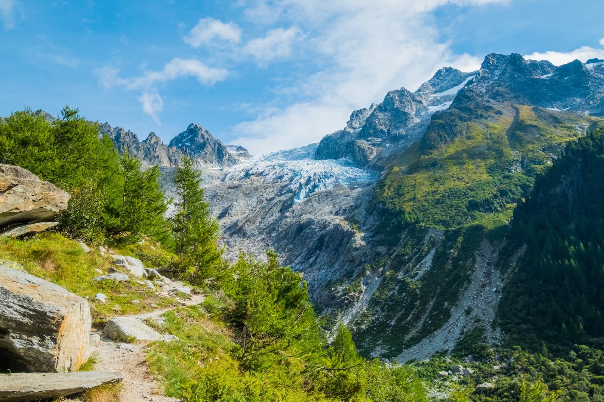 Hiking trail overlooking Glacier du Trient with rocky peaks and green alpine slopes