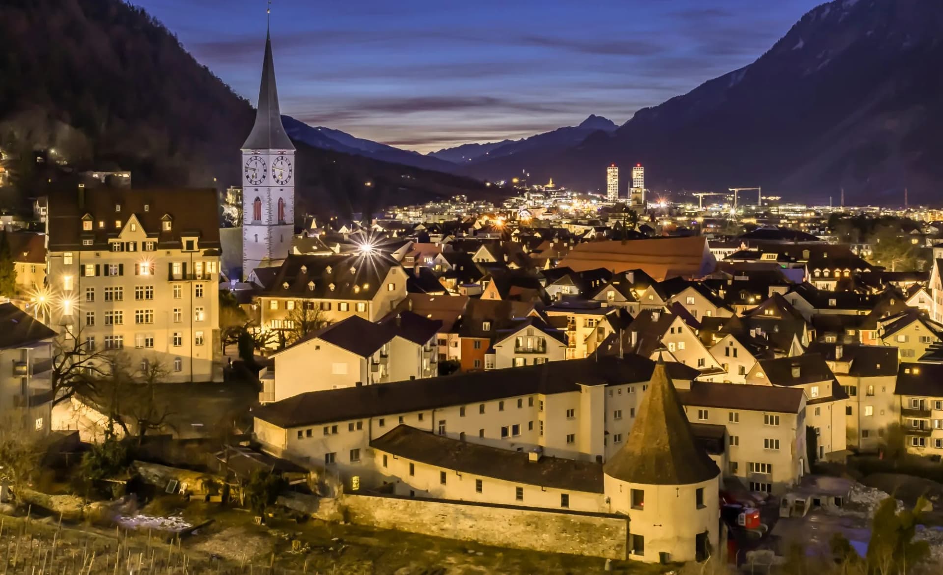 Cityscape of Chur in Switzerland at the blue hour