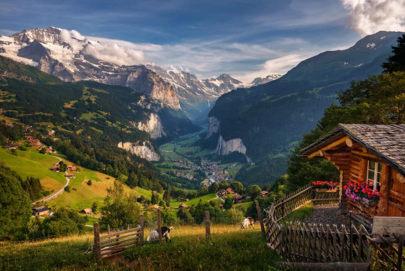 Lauterbrunnen valley in the Swiss Alps viewed from the alpine village of Wengen