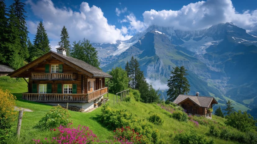 Wooden chalet or house in green Swiss Alps in summer, with mountain peaks in the background