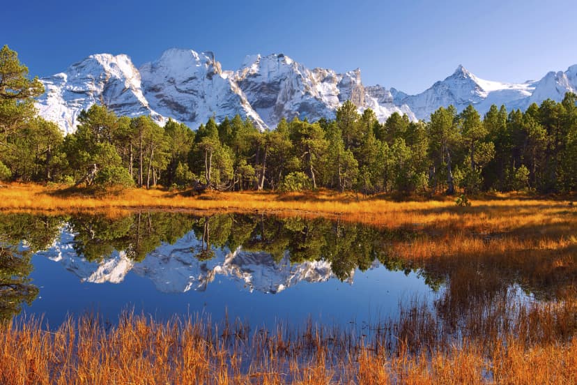 Moor Chaltenbrunnen, water reflection of the snow-covered angel horns, Kaltenbrunnen, Bernese Oberland, Meiringen, Canton Bern, Switzerland, Europe