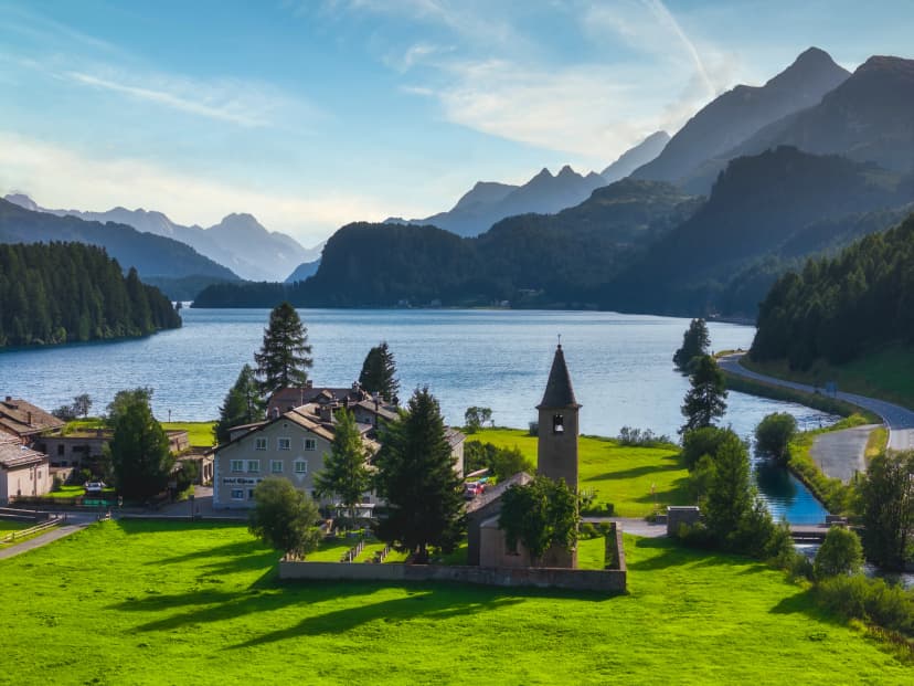 Aerial view of Little church around Sils lake, Upper Engadine Valley, Switzerland.