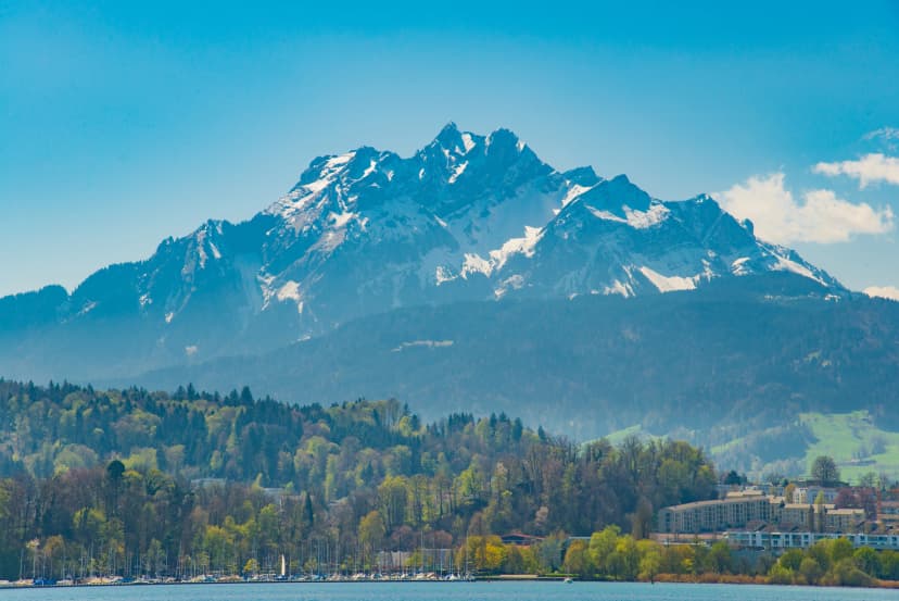 View of Lucerne lake with Swiss alps from a ferry, Switzerland - April, 2016