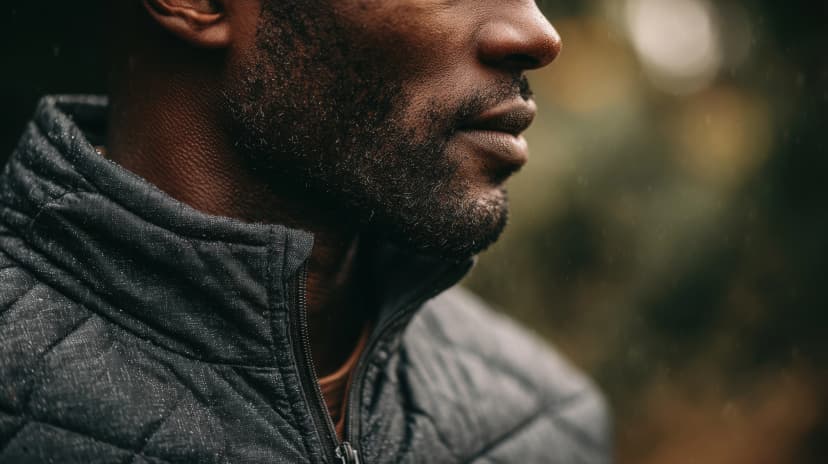 Insulated smart jacket in medium shot foreground in sharp detail with smart fibers visible and the wearer softly blurred to illustrate advanced warmth retention technology.
