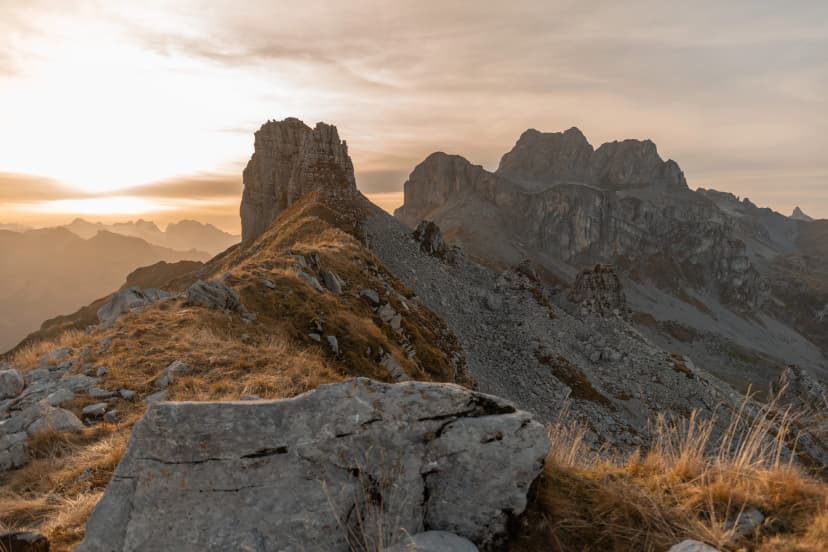 Majestic sunset scenery from the top of the Balmer Graetli region at the Klausenpass in Switzerland