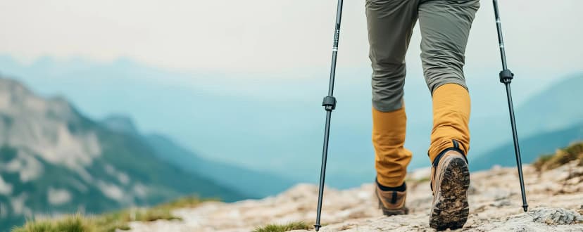 Action shot of hiker using lightweight, collapsible trekking poles on a challenging incline, hiking trail gear, support in rough terrain