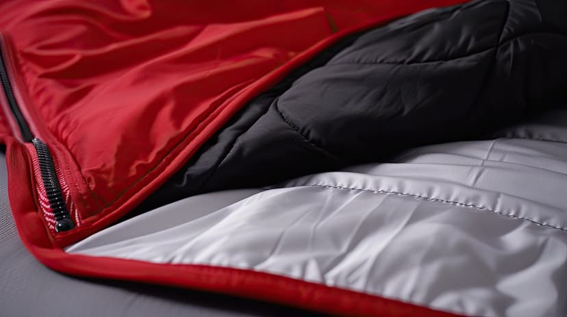 A red sleeping bag is shown in close up with its black lining and white insulation visible. The zipper is partially unzipped, revealing the inner layers of the bag