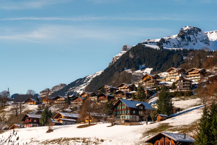 The Bernese Alps with blue sky viewed from Grindelwald with Swiss style houses on a foreground at Grindelwald, Switzerland.