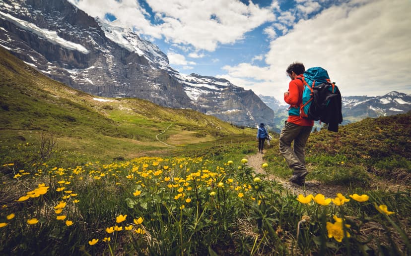 Activity sports. Hiking on a beautiful sunny summer day. Scenic panoramic landscape in the background