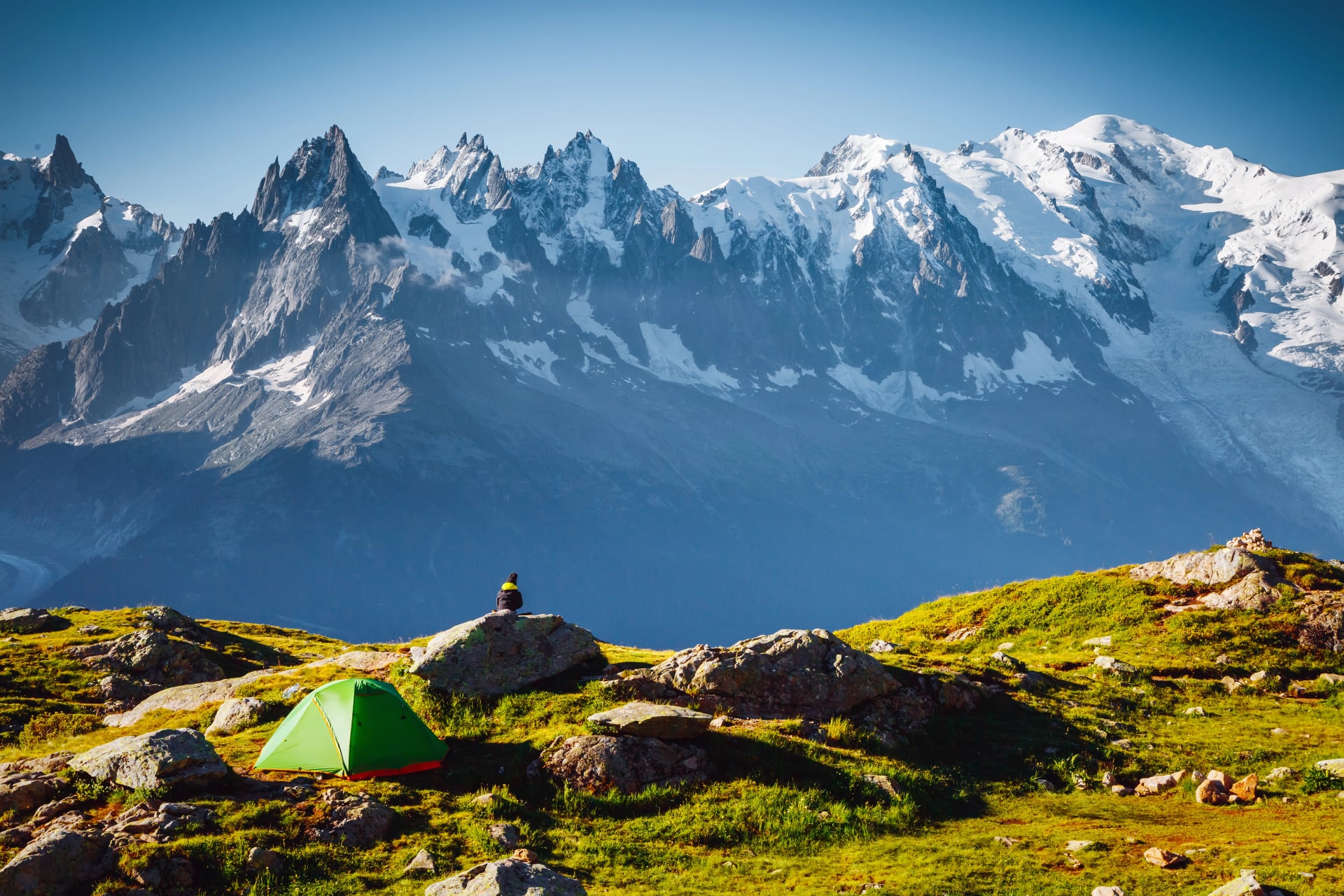 Magnificent Mont Blanc glacier with Lac Blanc. Location place Chamonix resort, Graian Alps, France, Europe.