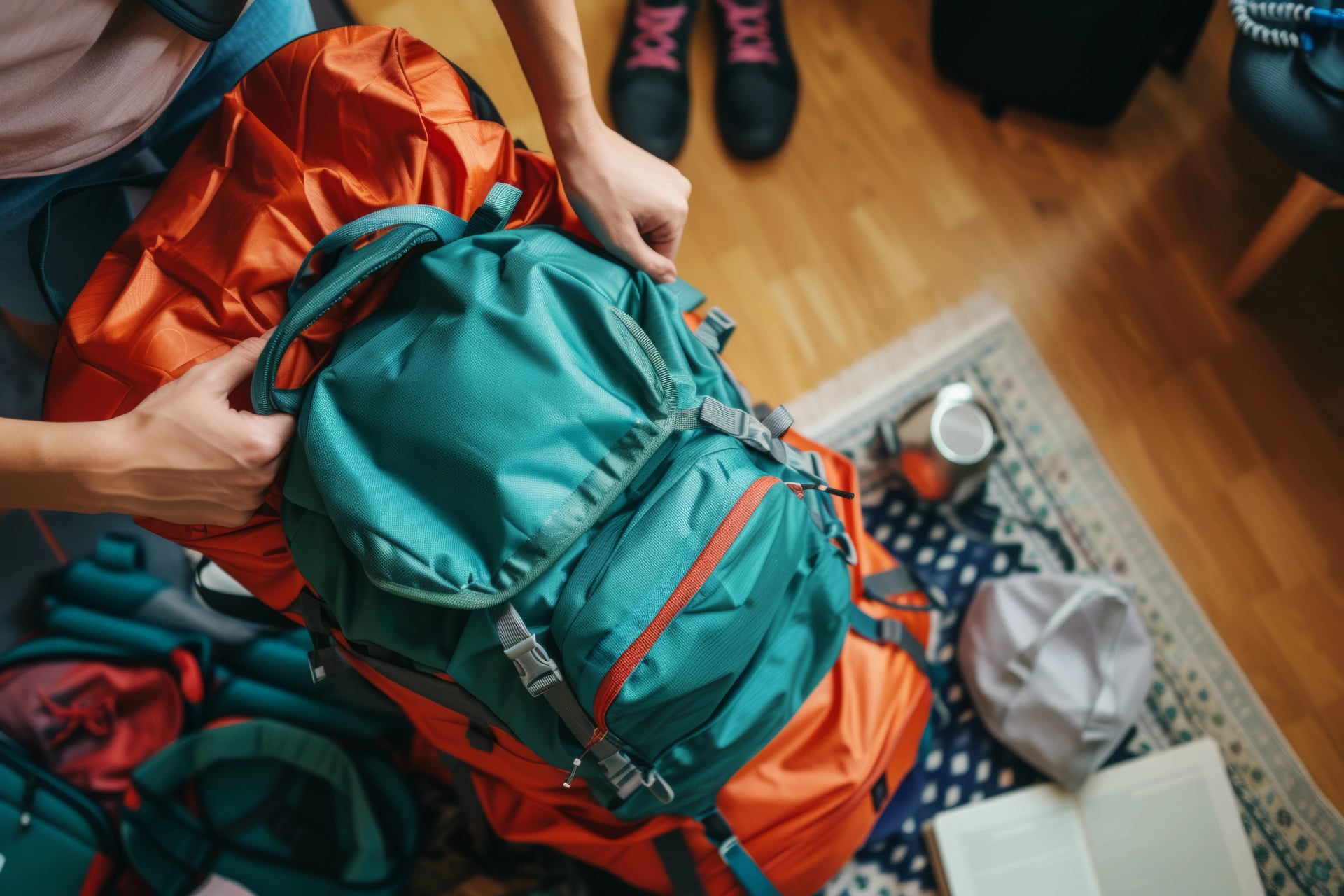 Tourist packing backpack for travelling, Preparing for summer adventures, Travel concept