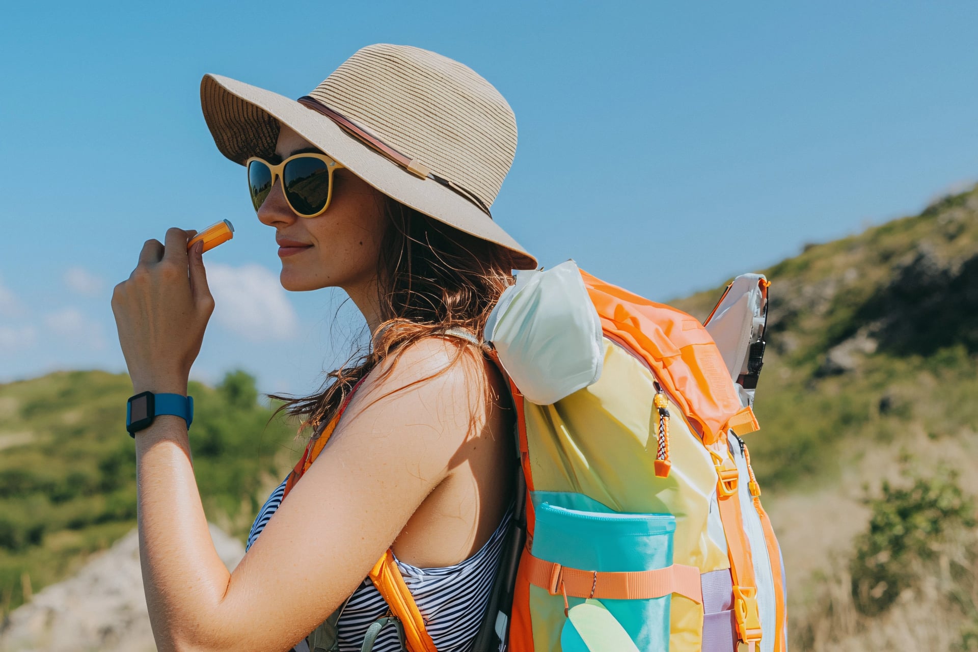 A hiker diligently applying sunscreen on a sunny day, showcasing commitment to skin protection while sporting a hat, sunglasses, and a vibrant backpack.