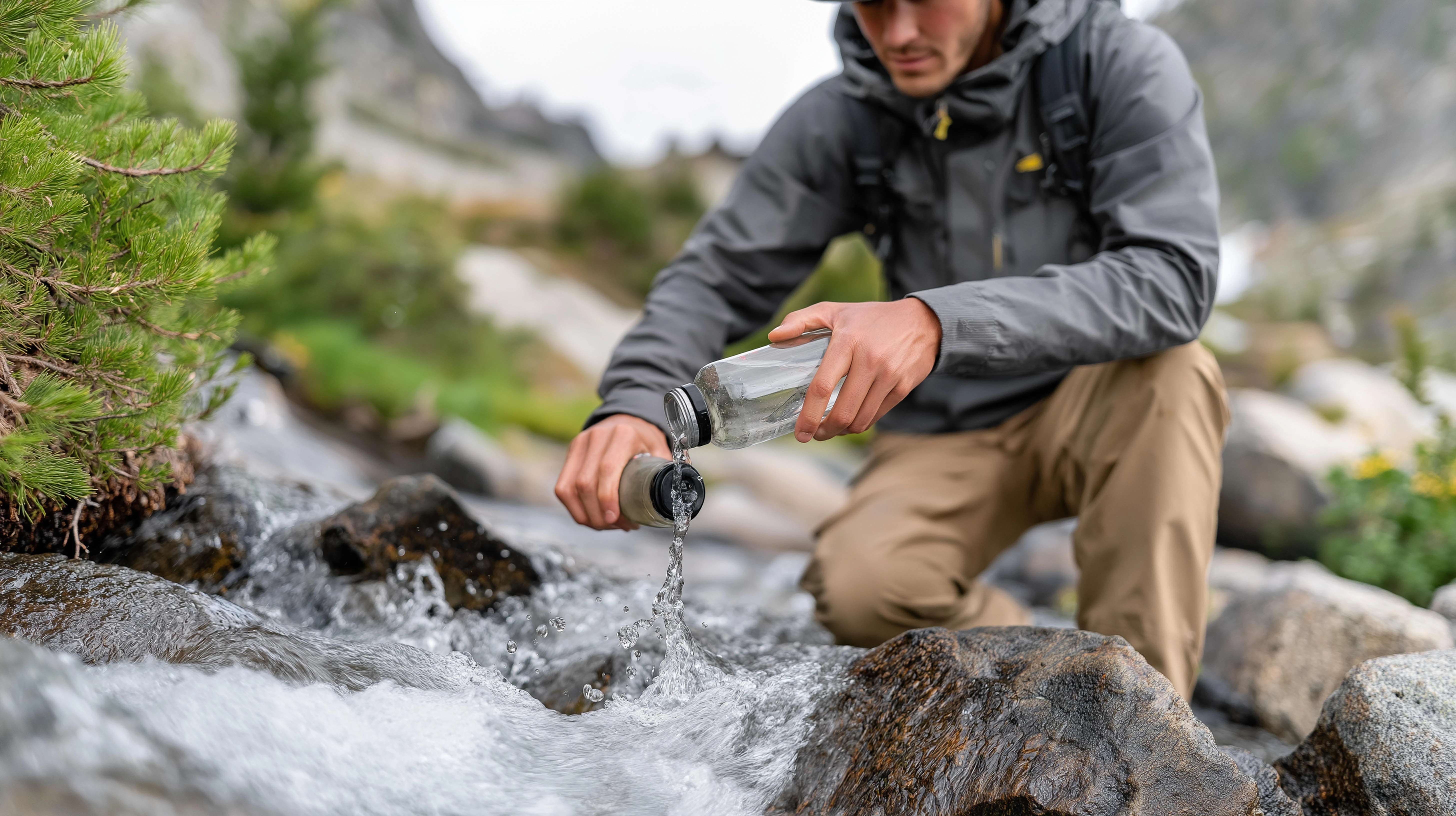 Un escursionista che riempie una bottiglia attraverso un filtro d'acqua portatile compatto accanto a un torrente montano in piena, nebbia fredda che si alza dalle rocce — attrezzatura per la sopravvivenza all'aperto, idratazione pulita sul sentiero, e