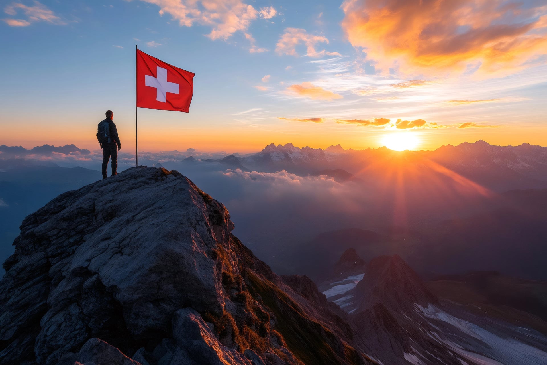 Bjergbestiger hæver det schweiziske flag på bjergtoppen ved solopgang