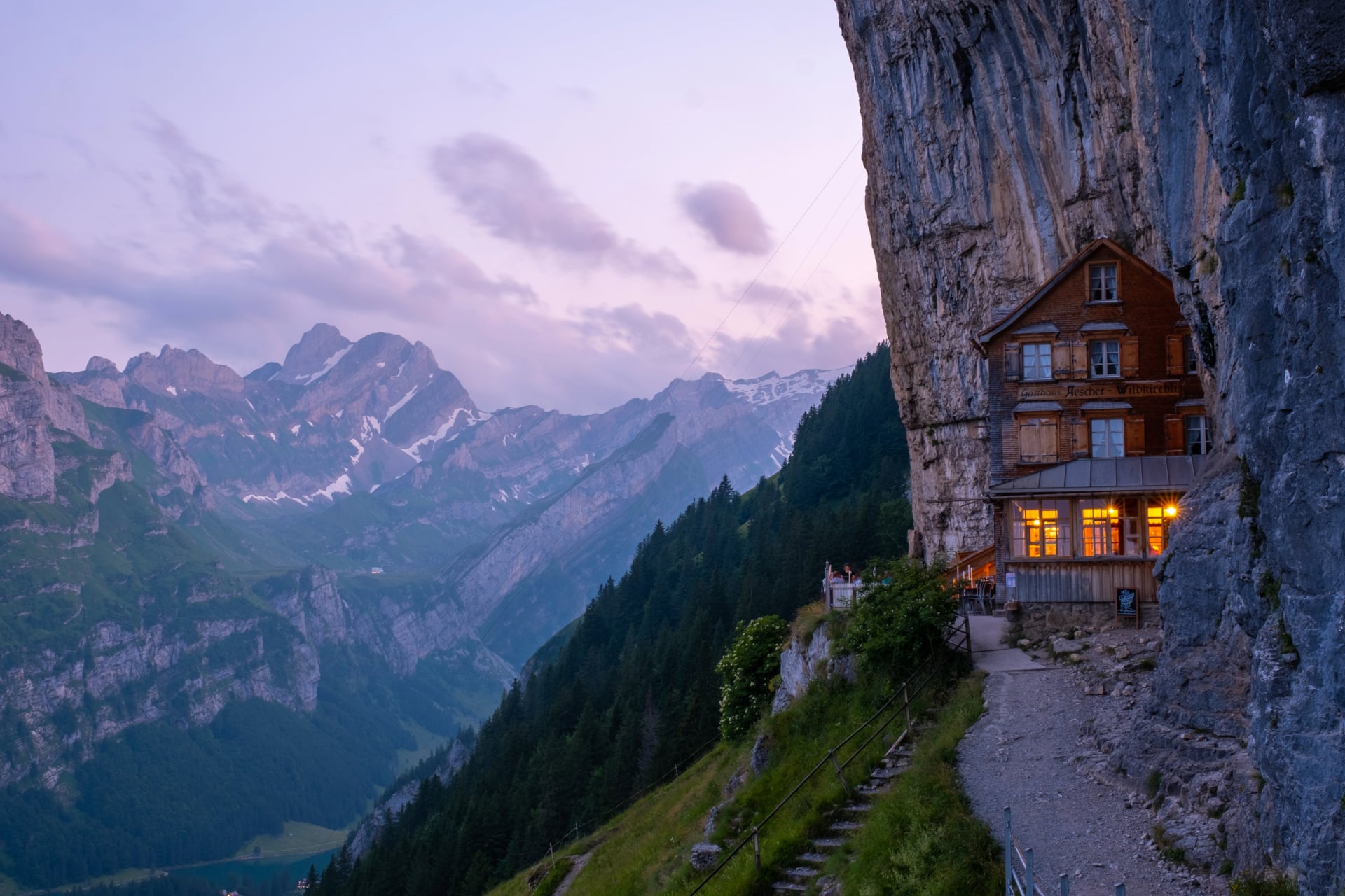 Berggasthaus Aescher i Appenzeller Alpen, Appenzell, Swiss Ebenalp i Schweiz,