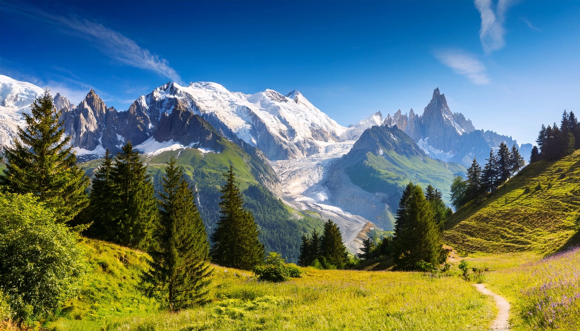 idyllic landscape with mont blanc mountain range in sunny day nature reserve aiguilles rouges french alps france europe