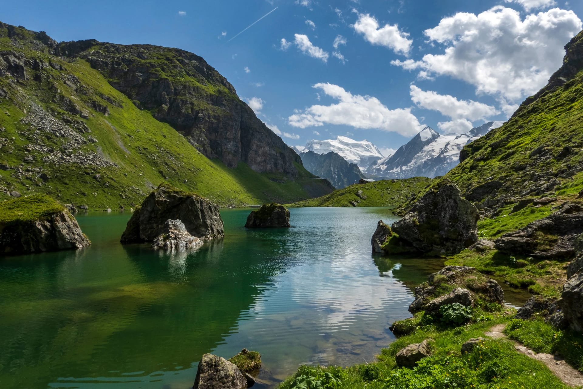 Superbly scenic Lac de Louvie, an alpine lake just above Fionnay village in the canton of Valais, Switzerland