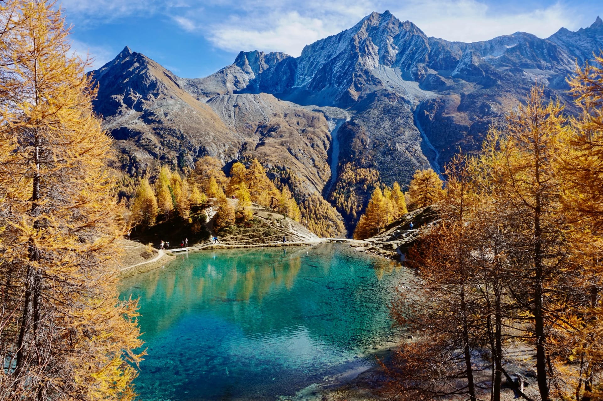 Beautiful Autumnal Swiss Blue Lake with Mountains in background, Arolla, Switzerland. Lac Bleu, Suisse.