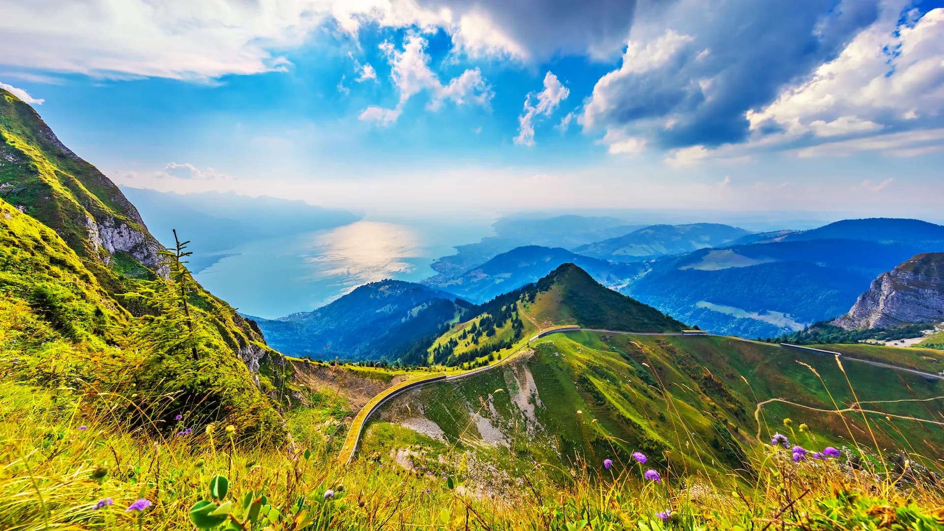 Scenic summer panorama from Rochers de Naye mountain peak