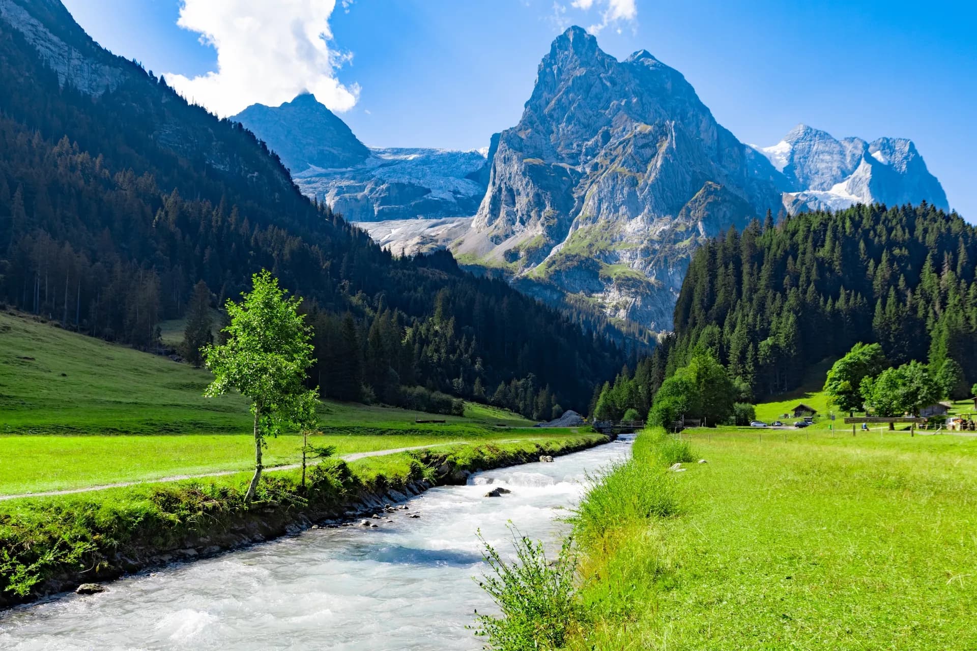 Rushing river in valley with green meadows, dense forest, and steep mountains with glaciers near Meiringen.